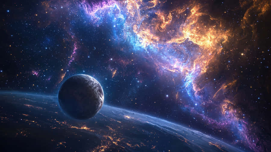 Mysterious Exoplanet Orbiting In A Vibrant Cosmic Galaxy With Glowing Nebulae And Distant Stars Wallpaper