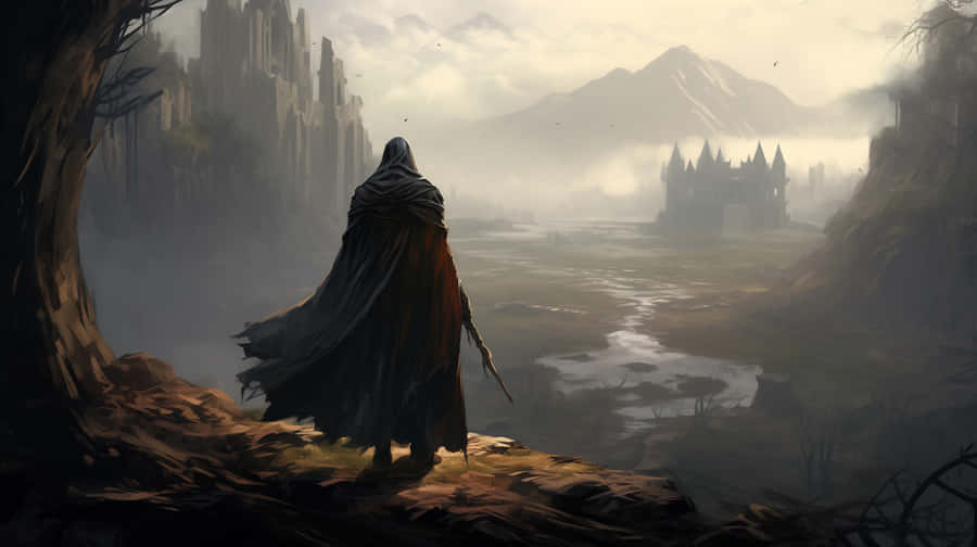 Mystic_ Wanderer_ Overlooking_ Fantasy_ Landscape Wallpaper