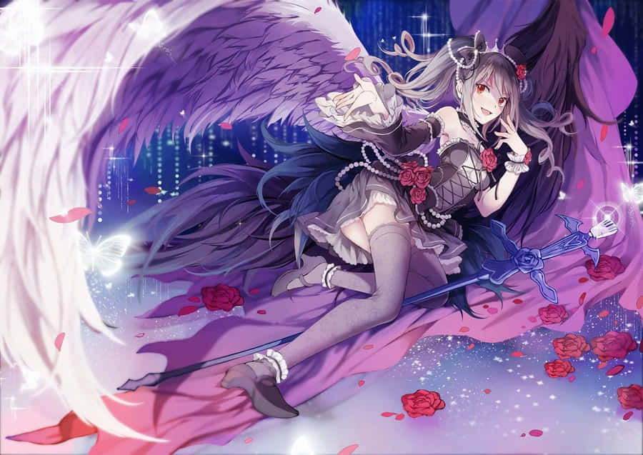 Mystical_ Anime_ Angel_ Amidst_ Roses Wallpaper