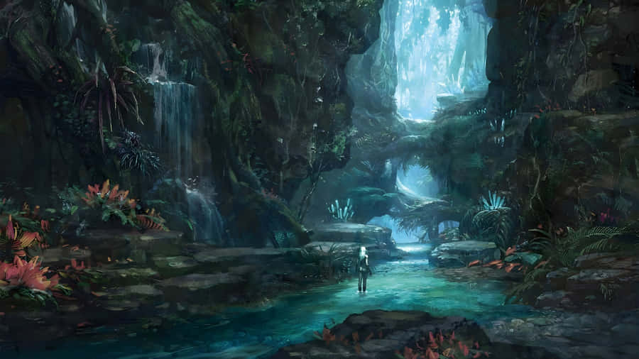 Mystical Forest Waterfall Scene Wallpaper