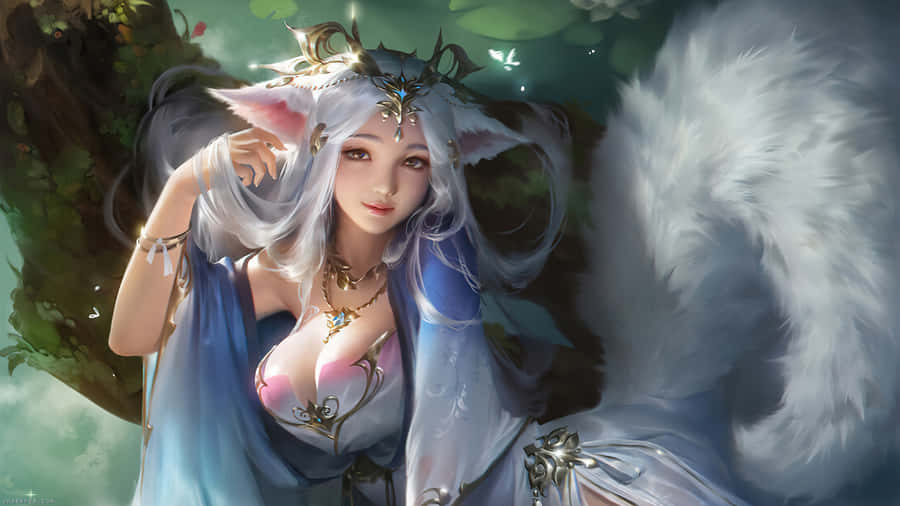 Mystical Fox Girl Enchantress Wallpaper