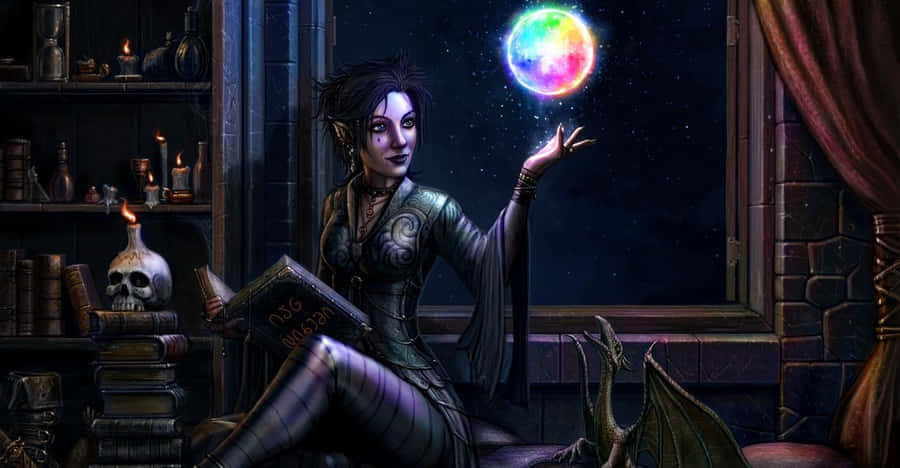 Mystical Green Witch In A Magical Forest Wallpaper