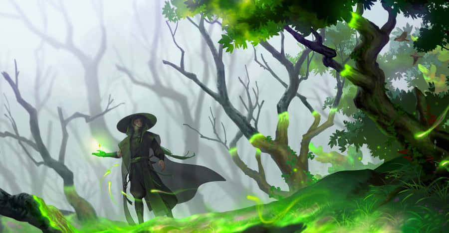 Mystical Green Witch In Enchanted Forest Wallpaper