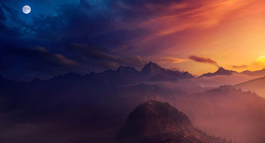 Mystical_ Mountain_ Sunset_and_ Moon Wallpaper