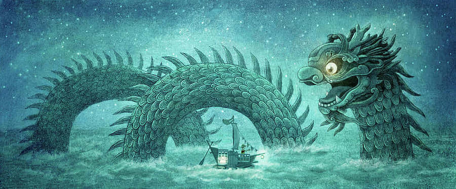 Mystical Sea Dragonand Sailing Ship Wallpaper