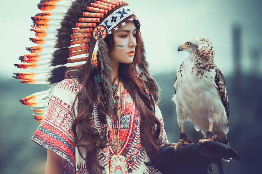 Native Tribal Model With Eagle In The Wilderness Wallpaper