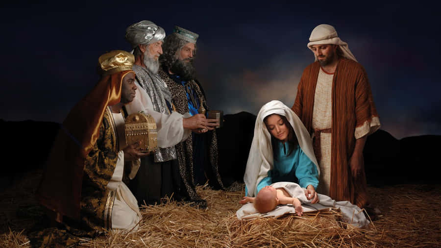 Nativity Scene With Three Wise Men Wallpaper
