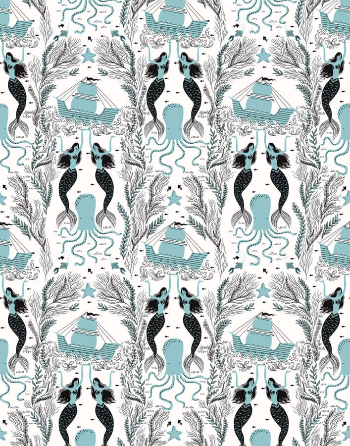 Nautical Pattern Mermaidsand Ships.jpg Wallpaper