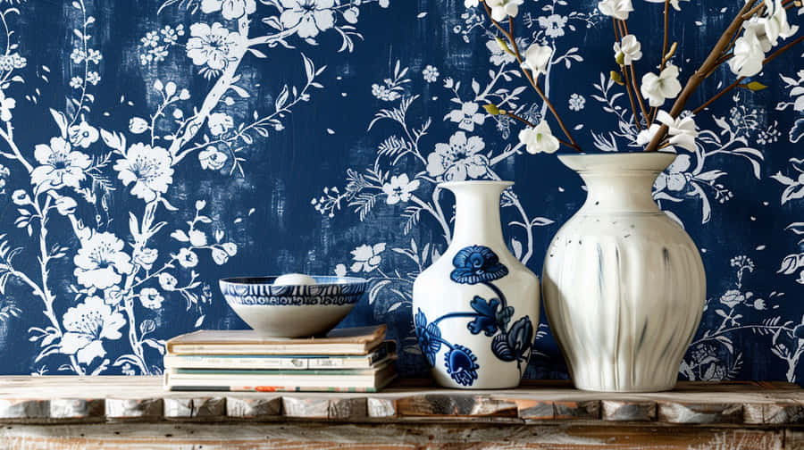 Navy White Floral Decor Wallpaper