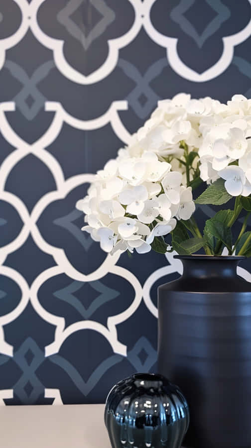 Navy White Interior Design Floral Accent Wallpaper