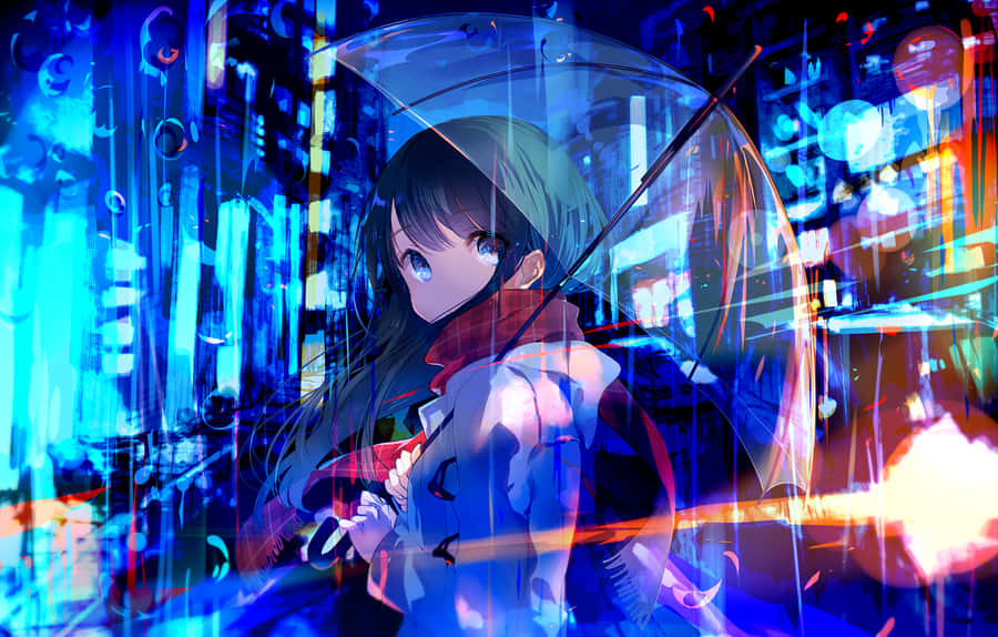 Neon Anime Girl With Transparent Umbrella Wallpaper