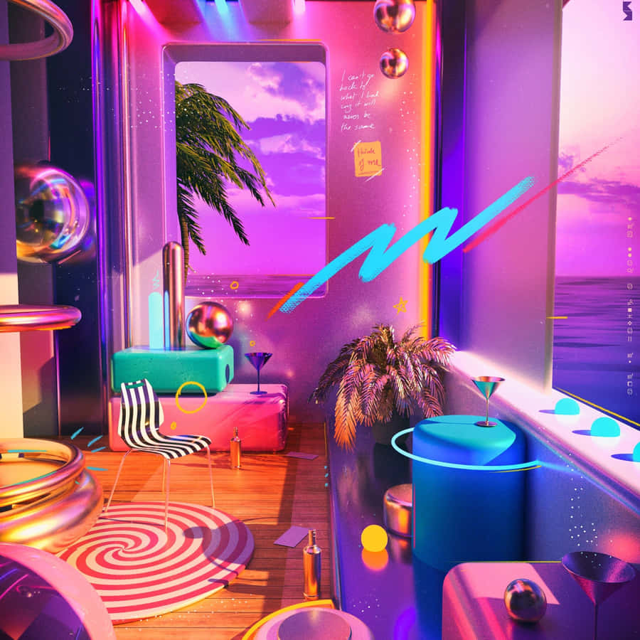 Neon Cyberpunk Beachfront Balcony Wallpaper
