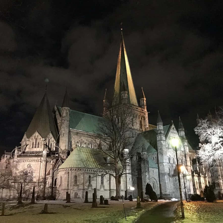 Nidaros Cathedral Night View Trondheim Wallpaper