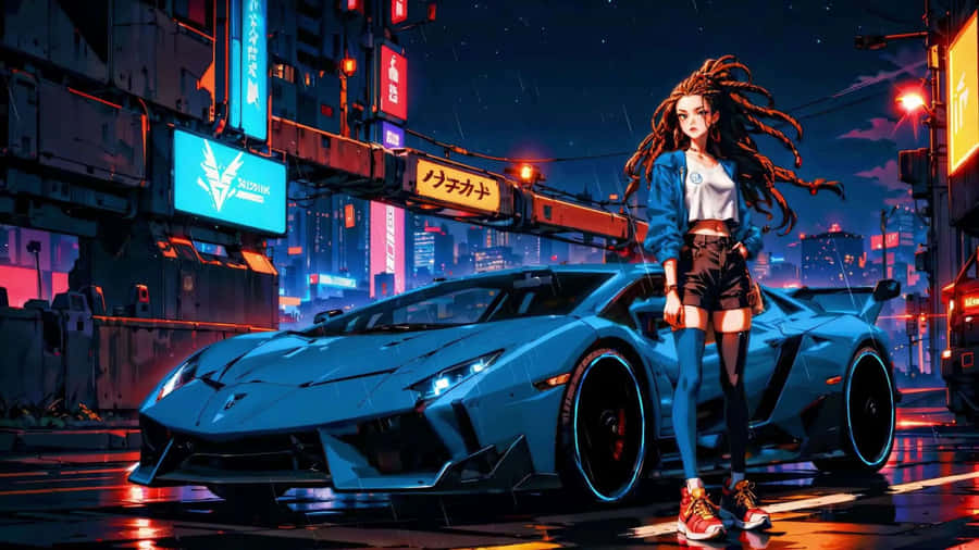 Night Anime Car Scene Wallpaper