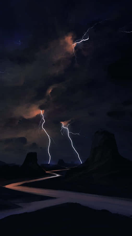 Nighttime Lightning Strike Desert Road Wallpaper
