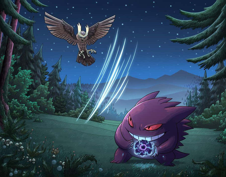 Noctowl Versus Gengar Pokemon Battle Wallpaper