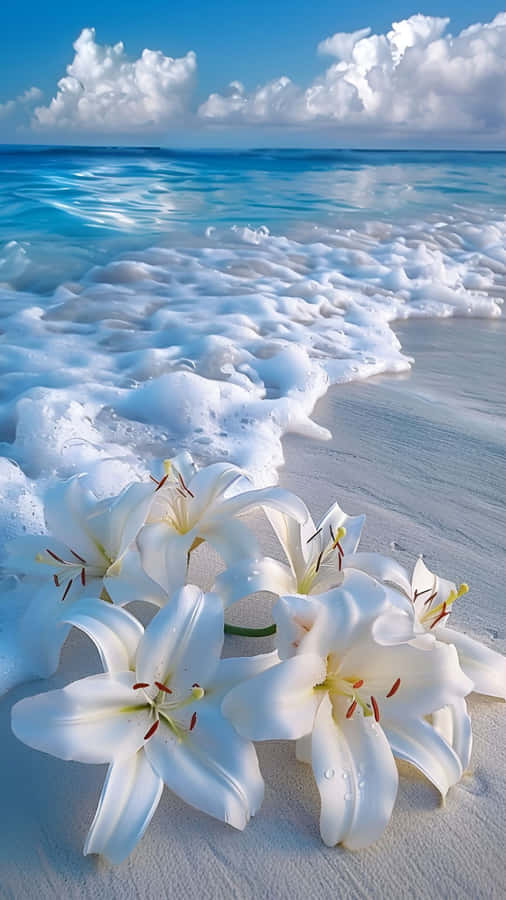 Ocean Waves With White Lilies Wallpaper