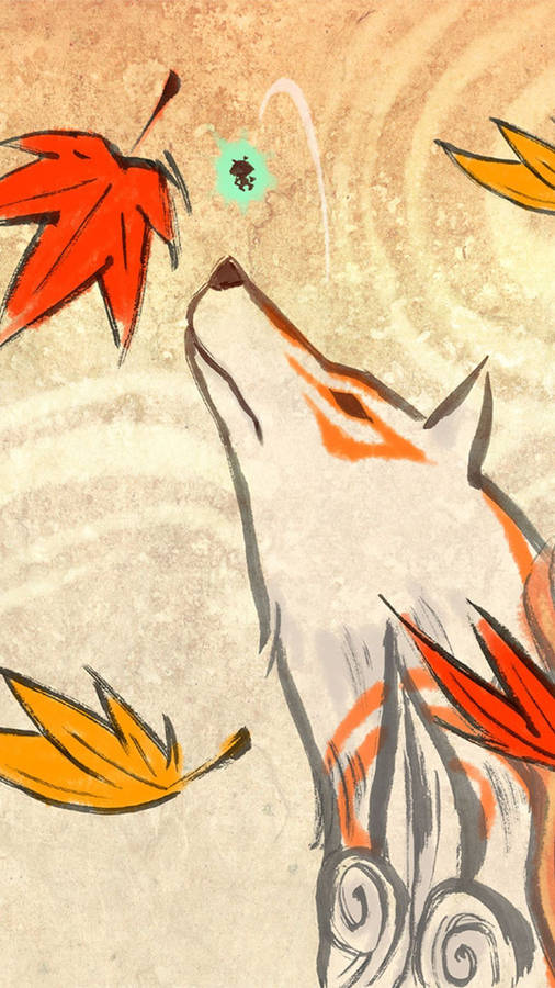 Okami And Fall Leaves Phone Wallpaper
