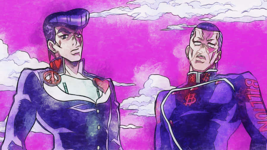 Okuyasu Nijimura From Jojo's Bizarre Adventure Posing Confidently Against A Bold Background Wallpaper
