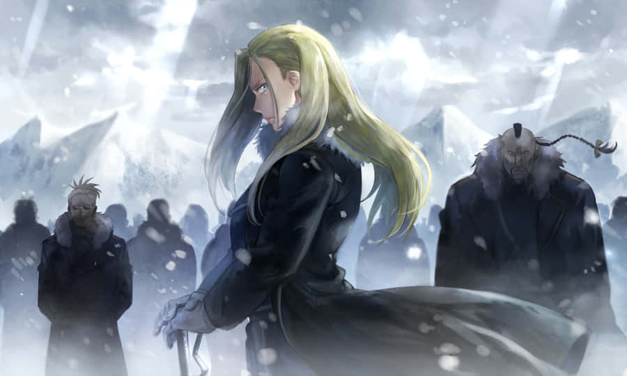 Olivier Mira Armstrong Standing Confidently In The Snow Wallpaper