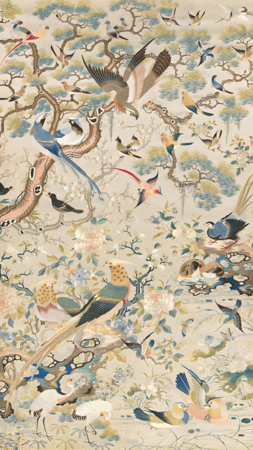 Oriental Bird And Floral Pattern Wallpaper