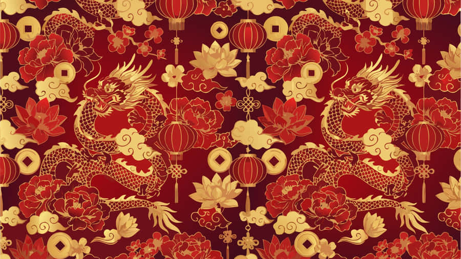 Oriental Dragon Floral Pattern Wallpaper