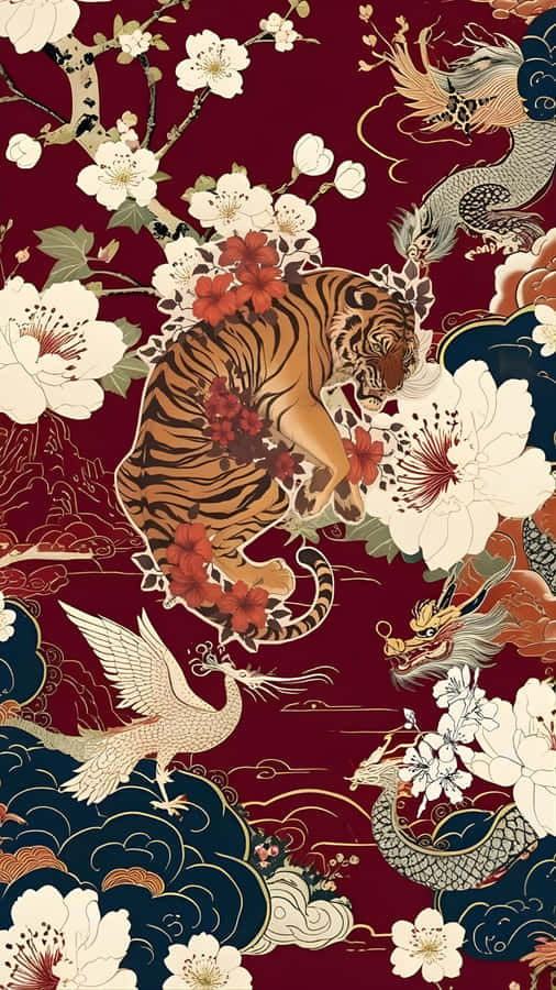 Oriental Tiger Dragon Pattern Wallpaper