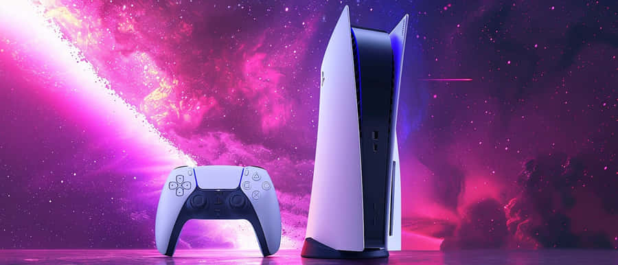 P S5 Consoleand Controller Cosmic Backdrop Wallpaper