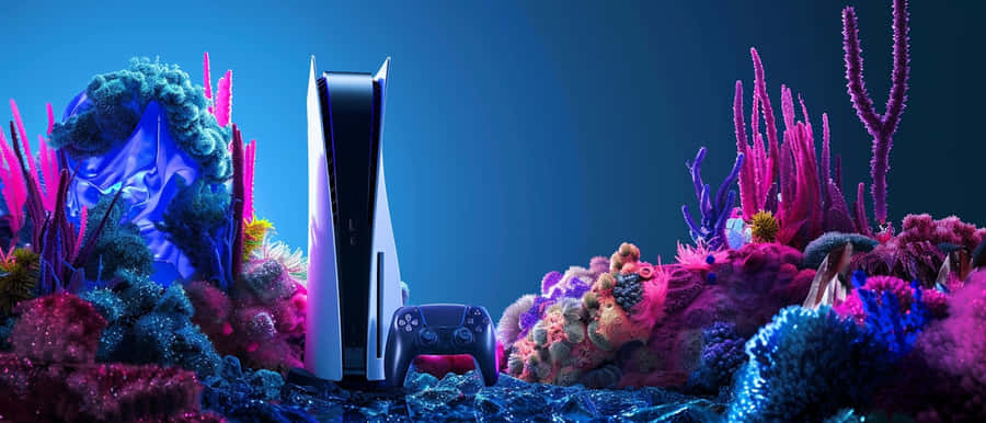P S5 Consoleand Controllerin Underwater Setting Wallpaper