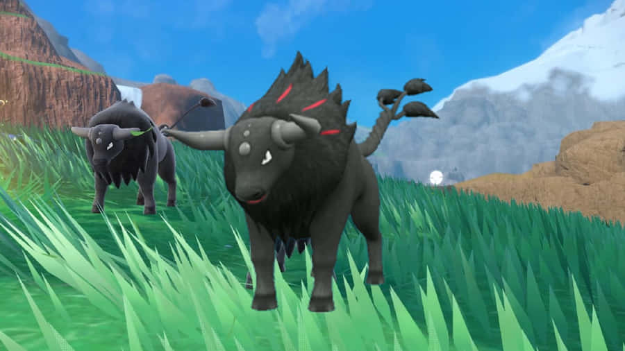 Paldean Tauros In Grassy Field Wallpaper