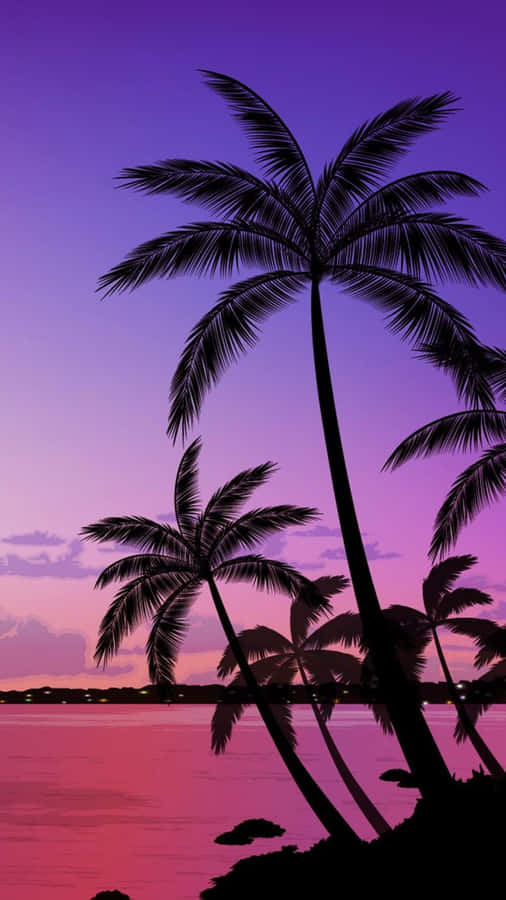 Palm Trees Beach Sunset Purple Sky Vector Art Wallpaper
