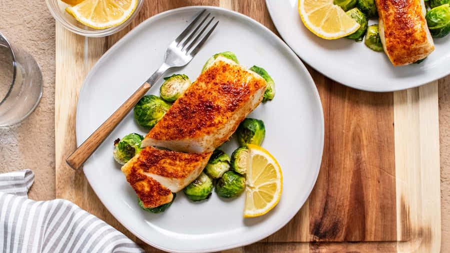 Pan Seared Halibutwith Brussels Sprouts Wallpaper