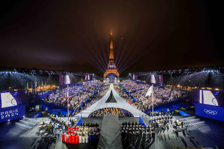 Paris Olympics2024 Eiffel Tower Ceremony Night Wallpaper