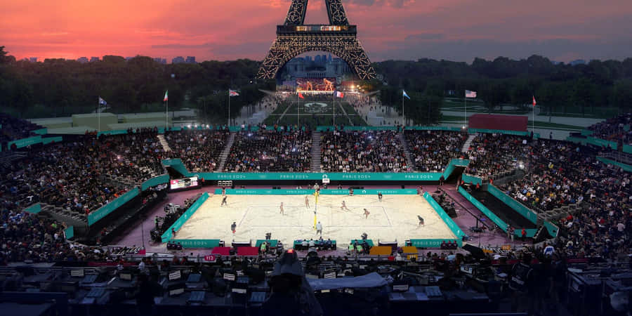 Paris Olympics2024 Eiffel Tower Volleyball Match Wallpaper