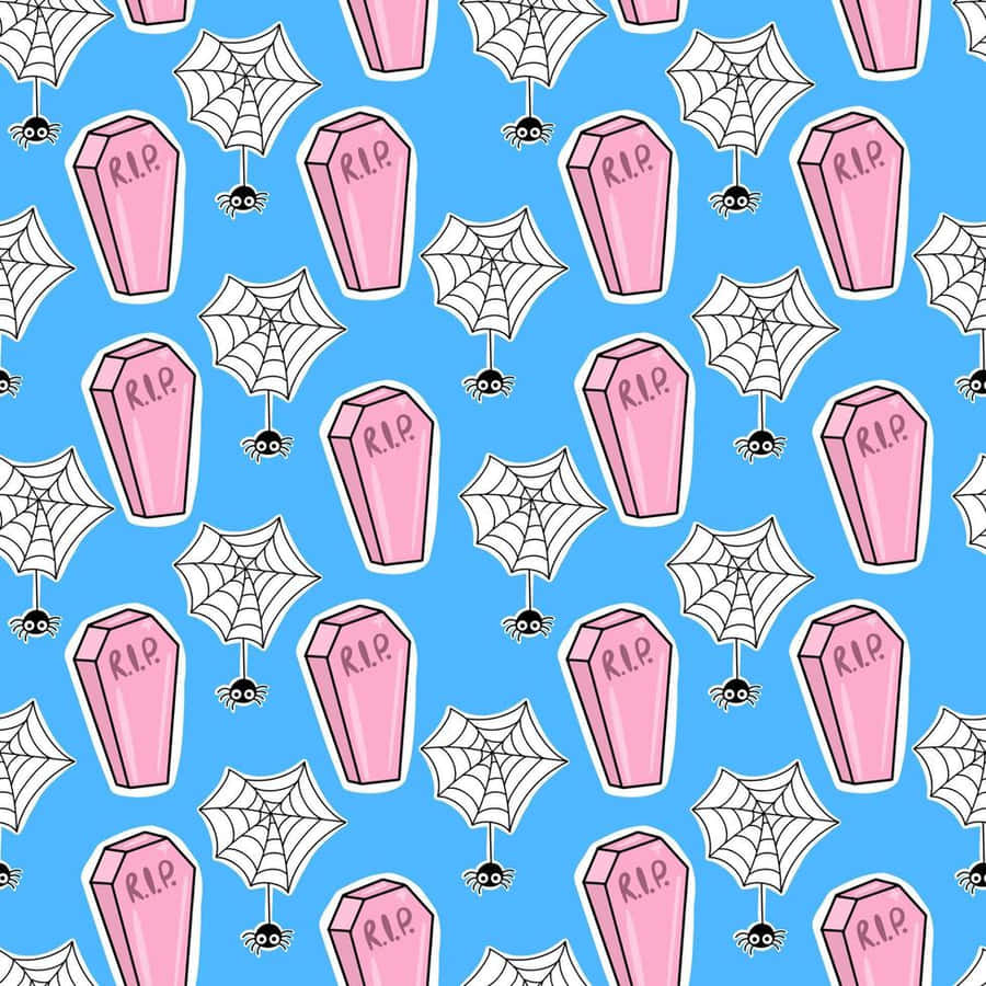 Pastel Coffinsand Spiders Pattern Wallpaper