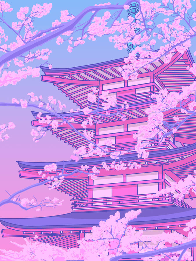 Pastel Japanese Aesthetic Pink Pagoda Wallpaper