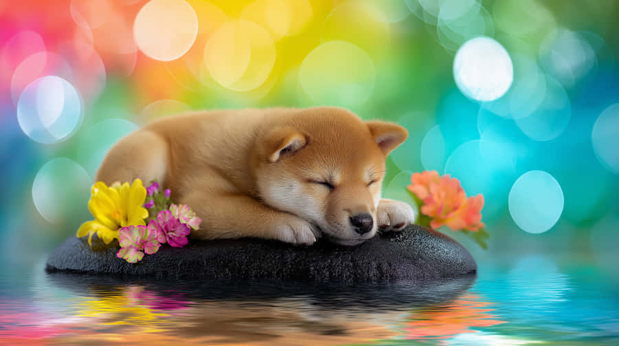Peaceful Shiba Puppy Sleeping On A Dark Stone With Pink Flowers Wallpaper