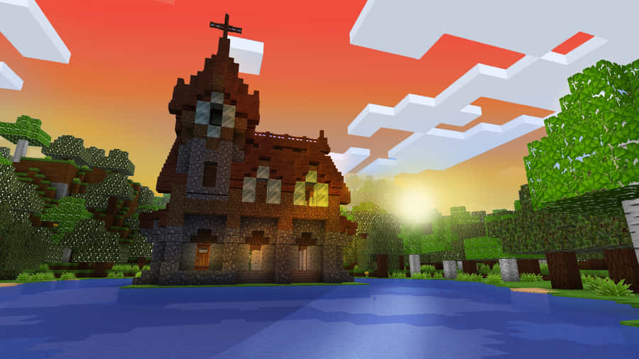 “peaceful Sunset In A Minecraft World” Wallpaper