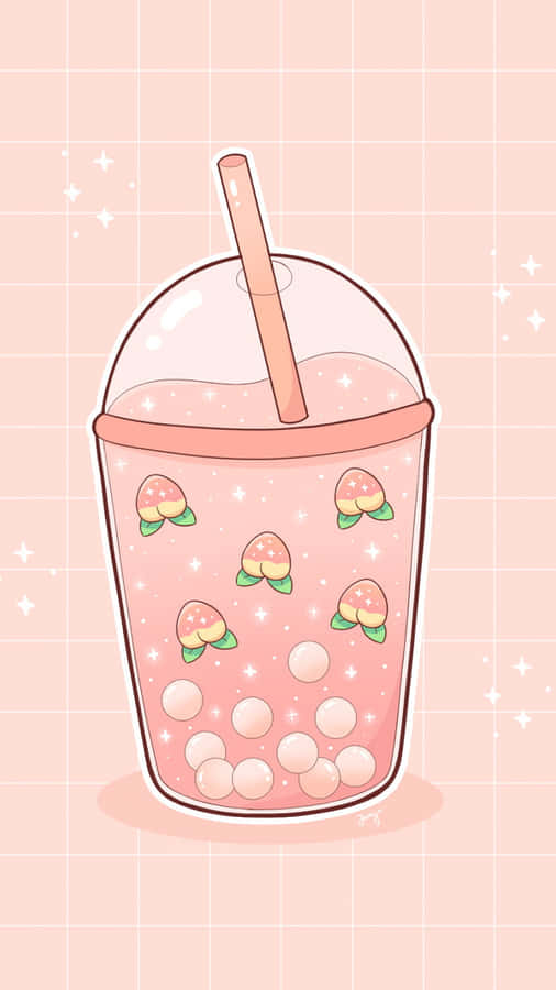 Peach Cute Boba In Pink Wallpaper