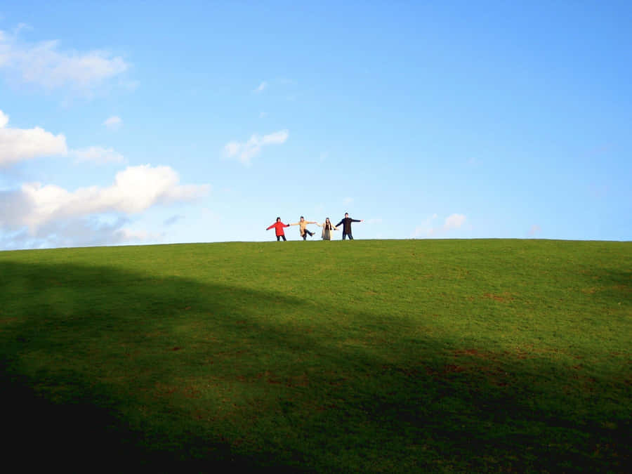 People_on_ Green_ Hilltop_with_ Blue_ Sky Wallpaper