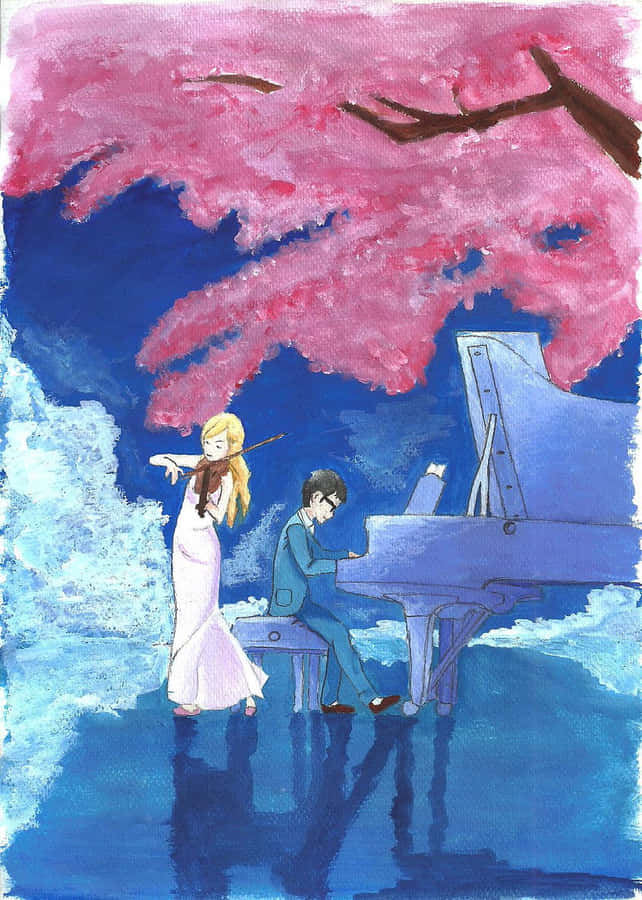 Pianoand Violin Duet Under Cherry Blossoms Wallpaper