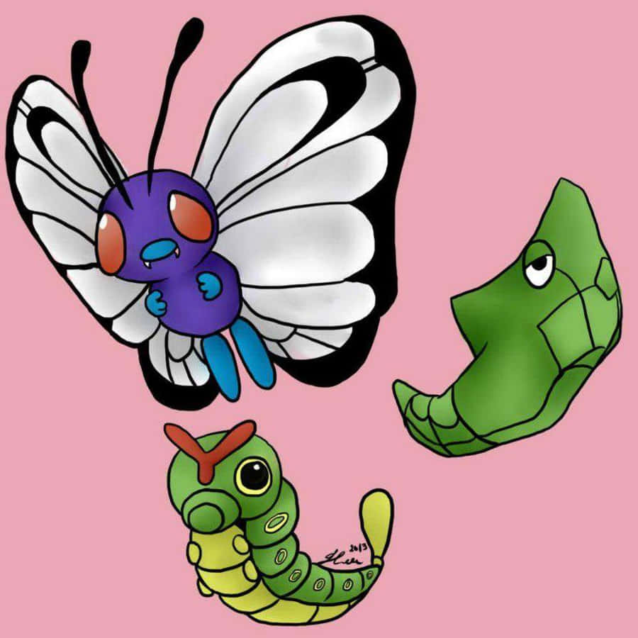 Pink Aesthetic Caterpie, Metapod, And Butterfree Wallpaper