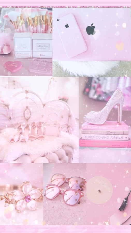 Pink And White Collage With Various Items Wallpaper