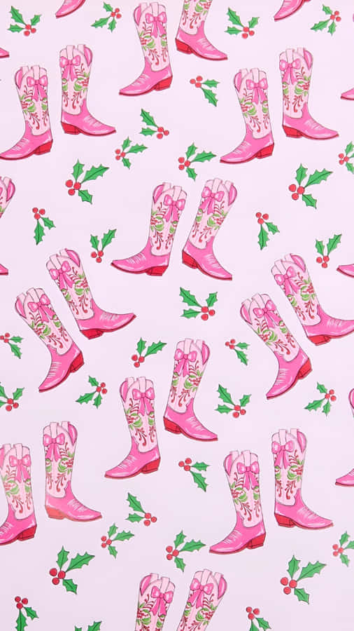 Pink Cowgirl Boots Christmas Pattern Wallpaper