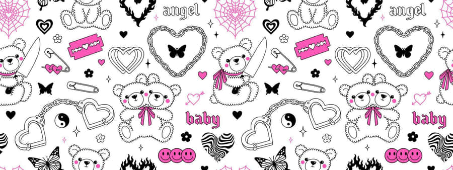 Pink Goth Teddy Pattern Wallpaper