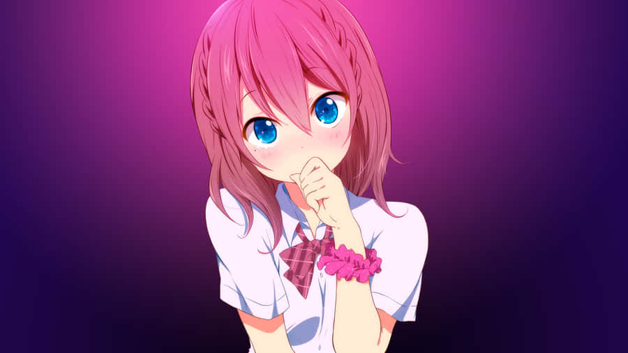 Pink Haired Anime Girlwith Blue Eyes Wallpaper