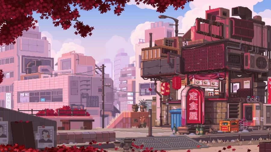 Pixel Art Urban Anime Scene Wallpaper