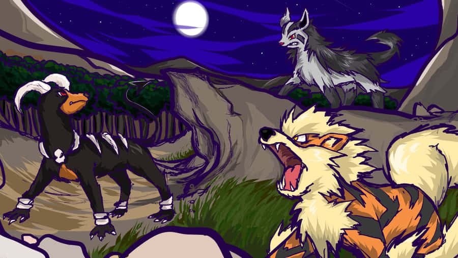 Poochyenaand Mightyena Nighttime Encounter Wallpaper