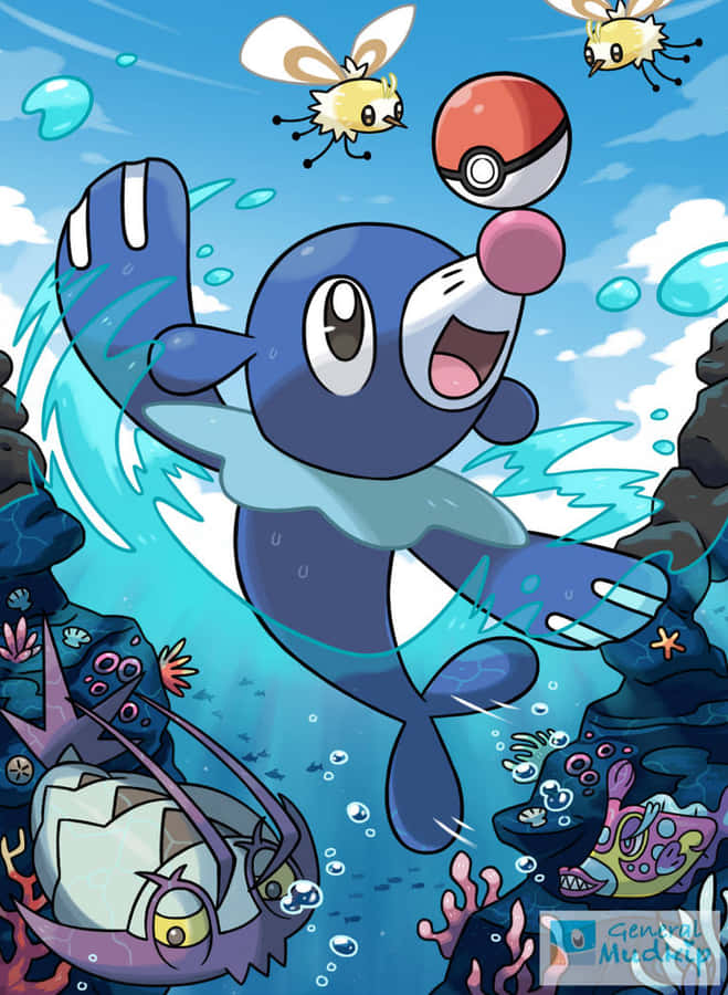 Popplio Jumping Out Of The Water Wallpaper