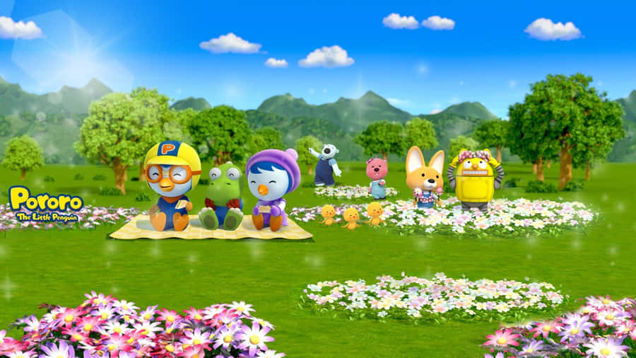 Pororo And Friends In Garden Wallpaper